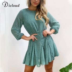 Dicloud Polka Dot Lange Mouw Jurk Groen Vrouwen Herfst Winter Lange Mouwen Party Jurken Elegante Ruches Detail Dag Jurk Dames