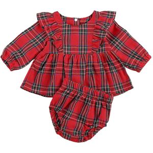 Focusnorm Kerst Pasgeboren Meisjes Jongens Kleding Sets Plaid Print Ruches Lange Mouwen Jurk Tops + Broek Shorts 0-24M