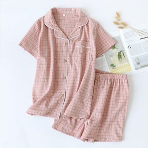 Zomer Womens Pyjama Japanse En Korea Stijl Plaid Nachtkleding Korte Mouwen Katoen Gedrukt Pyjama Voor Vrouwelijke Nachtkleding Set