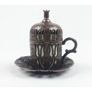 Turkse Koffie Cup Interieur Porselein, Espresso Cup Metalen Houder, Schotel En Deksel, vintage Tulip 4 Kleuren (Begaafde)