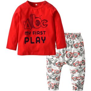 Baby Boy Kleding Pasgeboren Katoen Lange Mouw Brief T-shirt + Cartoon Legging Broek 2 Stuks Baby Kleding Set Kids Peuter outfits