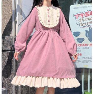 Japanse Harajuku Zoete Lolita Jurk Vrouwen Kawaii Ruches Lange Mouwen Party Dress Meisjes Vintage Leuke O-hals Jurk Herfst
