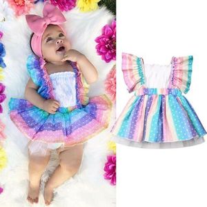 2 stuks Set Pasgeboren Kid Baby Meisje Kleding Sets Wit Vest Dot Print Regenboog Gestreepte A-lijn Romper Jurk Outfits Set