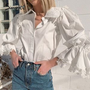 Simplee Vintage Button Verstoorde Vrouwen Blouse Wit Lantaarn Kant Mouw Vrouwelijke Tops Casual Herfst Winter Blouse Shirt Dames