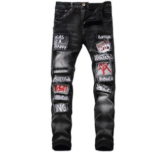 Mannen letters borduren badge patchwork zwarte jeans Mode streetwear slanke gaten ripped denim broek