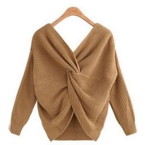 6 Kleuren V-hals Schoonheid Terug Trui Vrouwen Herfst Winter Gebreide Trui Trui Womens Jumper Pull Femme Losse Trui