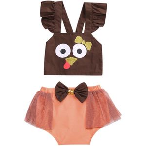 Focusnorm Thanksgiving Baby Meisjes Kleding Ruches Korte Mouw Kant Tutu Romper / T Shirts Shorts 2 Stuks Sets