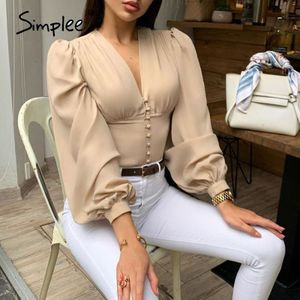 Simplee Sexy V-hals Chiffon Top Lantaarn Mouw Knop Dunne Lange Mouwen Top High Street Office Shirt Herfst