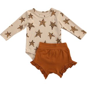 Focusnorm 0-24M Pasgeboren Baby Meisjes Kleding Sets Leopard Star Print Lange Mouwen Romper Ruches Shorts