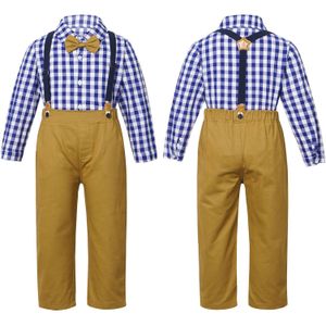 2Pcs Kids Jongens Pakken Voor Bruiloft Party Bowtie Lange Mouw Plaid Gentleman Shirt + Jarretel Broek Broek Childrens Jongen outfits