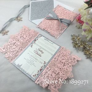 1 Volledige Set Bloem Licht Roze Parel Bruiloft Uitnodigingskaart Met Gliter Papier Gerecycled Arabisch Wedding Begroeten Dank U kaart