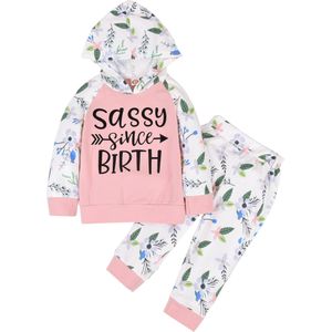 Pasgeboren Baby Baby Meisje Bloem Hooded Outfit Sassy Lange Mouw Tops Bloemen Broek 2 Stuks Outfit Set Kleren