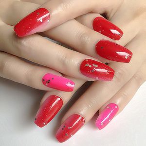 Druk Op Nagels Bling Custom Volledige Rhinestones Decoratie Doodskist Matte Kunstnagels Wijn Rode UV Gel Nail Tips 24 stuks