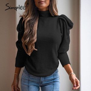 Simplee Effen Vintage Hoge Kraag Gebreide Trui Vrouwen Lange Puff Mouwen Trui Vrouwelijke Elegante Streetwear Warme Jumper Winter