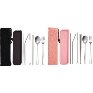 2 Set Draagbare 6 Stuks Bestek Set, Herbruikbare 304 Roestvrij Staal Duurzaam Reizen Bestek Set-Roze & Zwart