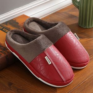 Winter Vrouwen Slippers Indoor Waterdicht Warm Slippers Thuis Bont Paar Schoenen Platte Dames Pu Leer Mannen Slipper Katoen Schoenen