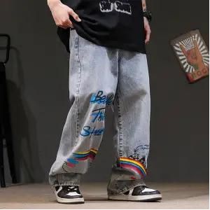 Regenboog Jeans Mannen Hip Hop Blauwe Broek Mode Retro Baggy Jeans Harajuku Zomer High Street Casual Hip Hop Broek Streetwear mannetjes