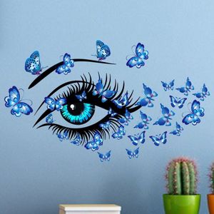 Blauwe schoonheid ogen en vlinders Muursticker woonkamer slaapkamer decoraties behang Mural Verwijderbare PVC stickers art decals
