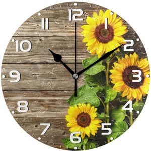 3D Zonnebloemen Vintage Hout Print Ronde Wandklok Stille Muur Horloge Batterij Operated Quartz Analoge Quiet Desk Clock Voor Home