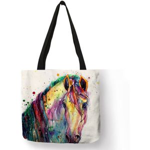 Aquarel Paard Print Linnen Shopping Bag Tote Folding Herbruikbare Reizen School Schoudertassen Casual Handtassen Voor Vrouwen