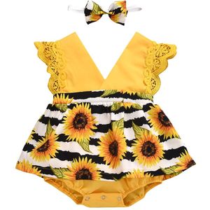 Baby Zomer Kleding Pasgeboren Baby Meisjes Zonnebloem Kant Bodysuits Jurk Gestreepte Jumpsuits Mouwloze Sunsuit Hoofdband