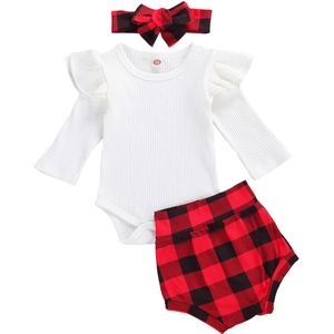 Pasgeboren Baby Meisjes 3 Stuk Outfit Set Lange Mouwen Geribbelde Romper + Plaid Shorts + Hoofdband Set Lente herfst Outfits