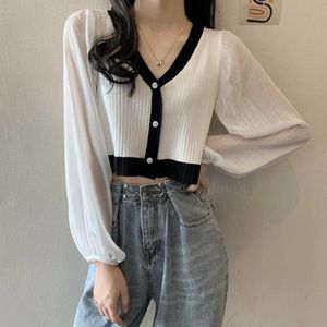 Gebreide Dunne Cropped Trui Shirts Meisjes Patched Chiffon Volledige Lantaarn Mouwen Truien Vest Crop Top Vest Vrouwelijke