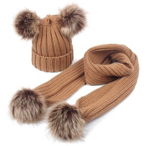 Baby Herfst/Winter Warm Bont Bal Hoed Sjaal Set Peuter Kids Baby Warm Winter Wol Hat Knit Beanie Voor baby Jongens Meisjes