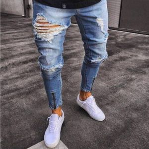 Katoen Jeans Mannen Lente MenClothes Denim Broek Verontruste Freyed Slim Fit Casual Broek Stretch Ripped Jeans