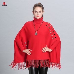 Hollow Rhinestone Cashmere Poncho Trui Vrouwen Losse Kwasten Bat Mouwen Trui Coltrui Herfst Winter Tops