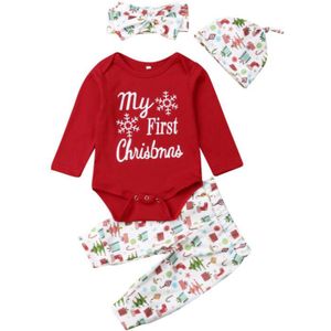 3-18M Kerst Pasgeboren Baby Jongens Meisjes Kleding Set Mijn Eerste Kerst Rode Romper + Broek Hoed Hoofdband baby Xmas Kostuums Herfst