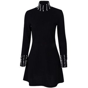 Simplee Elegante Bubble Bead Vrouwen Jurk Hoge Hals Taille Lange Mouw Korte Jurk Zwart Office High Street Herfst Jurk