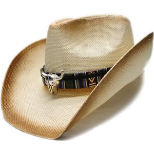 Retro Vrouwen Mannen Unisex Zomer Stro Strand Cowboy Western Cowgirl Fedora Hoed Bull Head Lederen Band (one Size 58Cm)