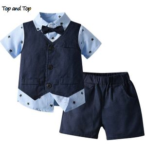 Top En Top Zomer Jongens Formele Pak Korte Mouw Tops Met Bowtie + Vest + Shorts 3Pcs Kids jongens Kleding Set Smoking Outfits