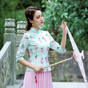 Sheng Coco Verbeteren Qipao Blouse Roze Tops Traditionele Chinese Blouse Slanke vrouwen Stand Lood Afdrukken Katoen Oosterse Shirts