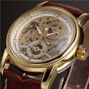 Mannen Horloges Luxe Golden Skeleton Mechanische Steampunk Mannelijke Klok Automatische Horloge Lederen Band Herren Horloges