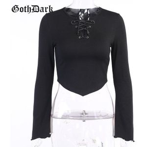 Goth Donkere Gothic Bandage T-shirts Punk Zwarte Ruches Flare Lange Mouwen Asymmetrische Zoom O-hals Vrouwen Crop Tops Tee Casual Wear