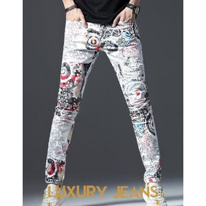 Mens Graffiti Gedrukt Slim Jeans Witte Bloemen Paiting Stretch Katoenen Broek Casual Broek