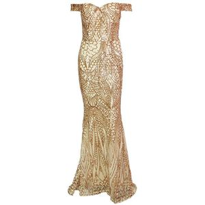 Gold lovertjes bruidsmeisje jurk Uit de schouder elastische boothals floor bruiloft lengte jurk maxi jurk