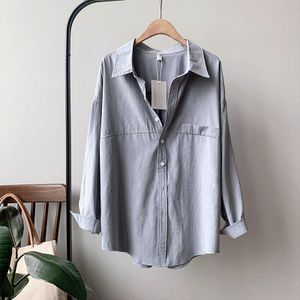 Crriflz Vrouwen Katoen Voelt Shirt Imitatie Suede Lente Lange Mouwen Retro Blouses Shirts Turn-Down Solid oversize Tops