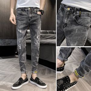 Denim Jeans Mannen Koreaanse Trendy Slim Voeten Broek Wilde Ripped Gat Zomer Casual Enkellange Broek Hombre