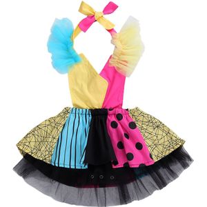 Focusnorm Prinses Baby Meisjes Jongens Romper Jurk Patchwork Print Lace Mouwloze Riem Jumpsuits Tutu Jurk