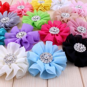 120 stks/partij 6.5 cm 15 kleuren Kunstmatige Chiffon Bloemen + Strass Knop Voor Meisje Haaraccessoires Stof Voor Hoofdbanden