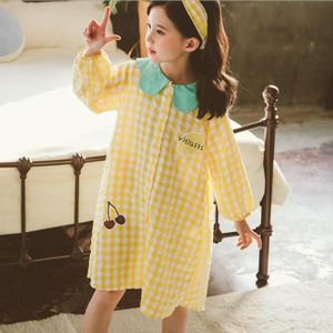 Meisjes Lange Mouw Nachtjapon Lente Herfst Geel Plaid Nachtkleding Jurken Kinderen Cherry Borduren Homewear Sleepdress8 10 12 14