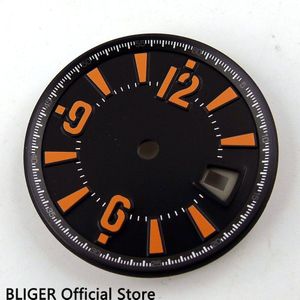 31.5 MM Zwart Steriele Wijzerplaat Oranje Cijfers Marks Datum Venster Fit ETA 2836 Automatisch Uurwerk Horloge Wijzerplaat D44