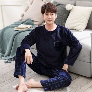 Herfst Winter Pyjama Voor Jonge Mannen Pyjama Set Warm Flanel Mannelijke Lange Mouwen Losse Mannen Homewear Coral Fleece Nachtkleding top + Broek