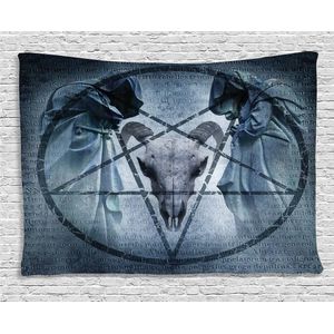 Horror Huis Tapestry Kunstwerk Met Pentagram Geit Schedel Duivel Droom Hooded Exorcist Afbeelding Brede Muur Opknoping