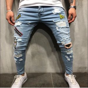 Mode Mannen Gat Borduurwerk Jeans Hip-Hop Slanke Mannen Jeans Mode Skinny Jeans Mannen Kleding