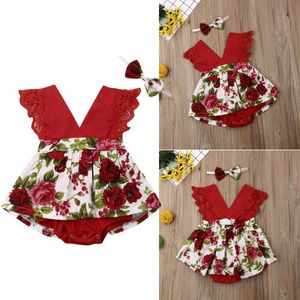 Pasgeboren Baby Meisje Kleding Kant Fly Mouw Bodysuit Bloemenprint Rok Jumpsuit + Hoofdband 2 Stuks Outfits Set