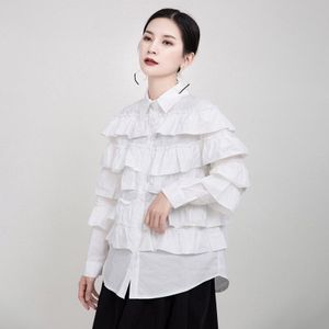 CHICEVER Koreaanse Patchwork Ruffle Plisse vrouwen Blouses Revers Kraag Lange Mouwen Oversize Shirt Vrouwelijke Mode Kleding